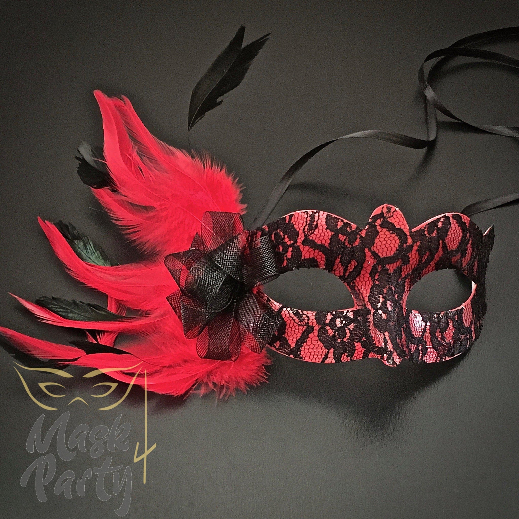 Masquerade - Lace W/ Feather Eye - Red ...